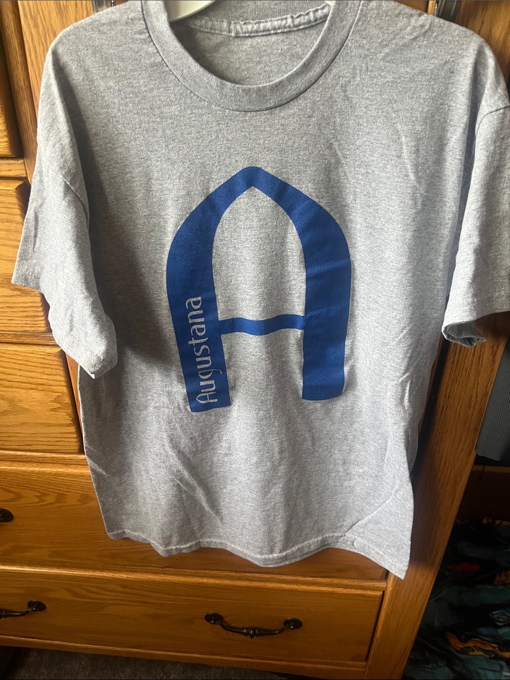 Augustana Gray Crewneck Tee with Blue Logo